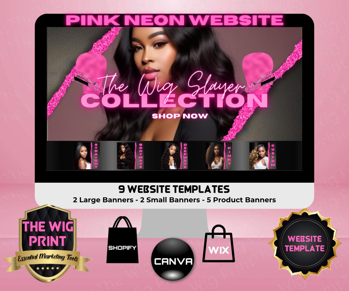 Pink Neon | Website Template | 9 Banners | Hair + Wig Industry | Pink | DIY | CANVA | Flyer | Shopify | Wix