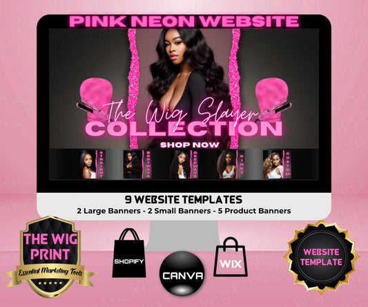 Pink Neon | Website Template | 9 Banners | Hair + Wig Industry | Pink | DIY | CANVA | Flyer | Shopify | Wix