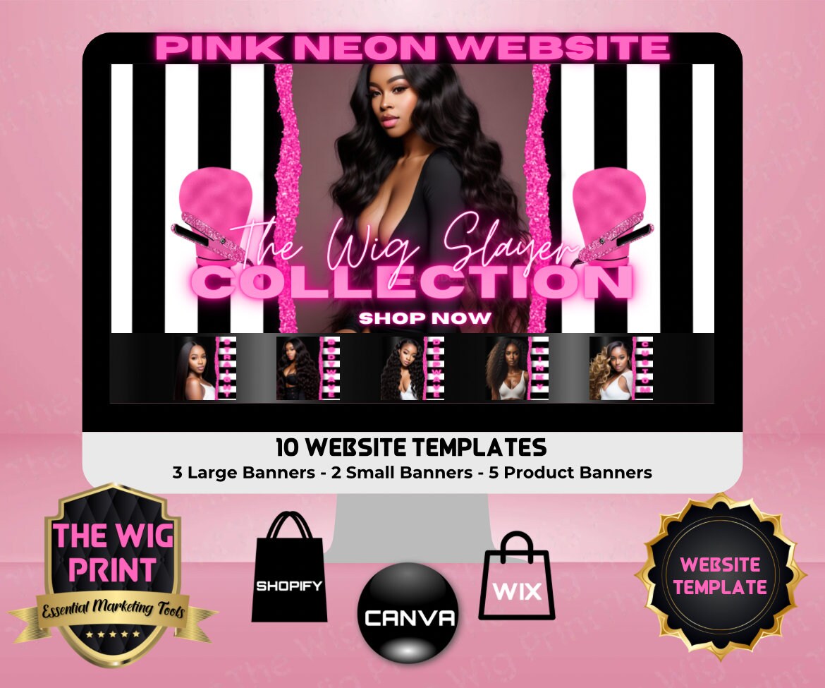 Pink Neon Stripes | Website Template | 10 Banners | Hair + Wig Industry | Pink | DIY | CANVA | Flyer | Shopify | Wix