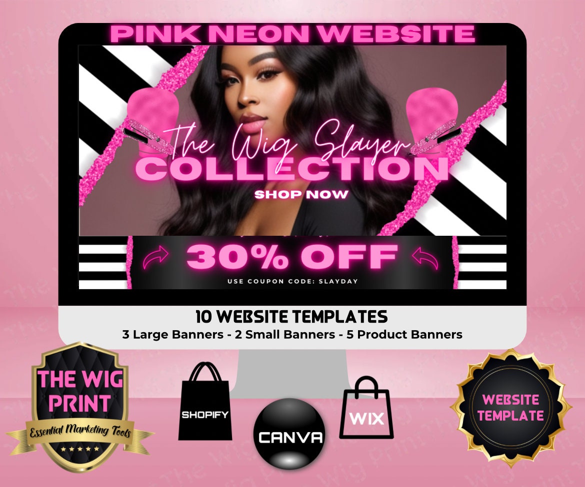 Pink Neon Stripes | Website Template | 10 Banners | Hair + Wig Industry | Pink | DIY | CANVA | Flyer | Shopify | Wix