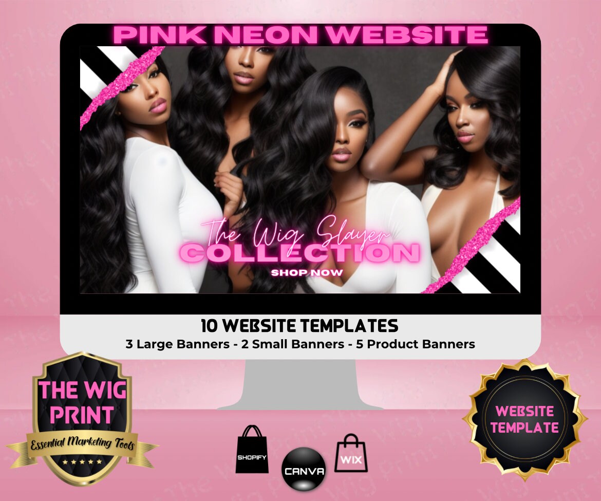 Pink Neon Stripes | Website Template | 10 Banners | Hair + Wig Industry | Pink | DIY | CANVA | Flyer | Shopify | Wix