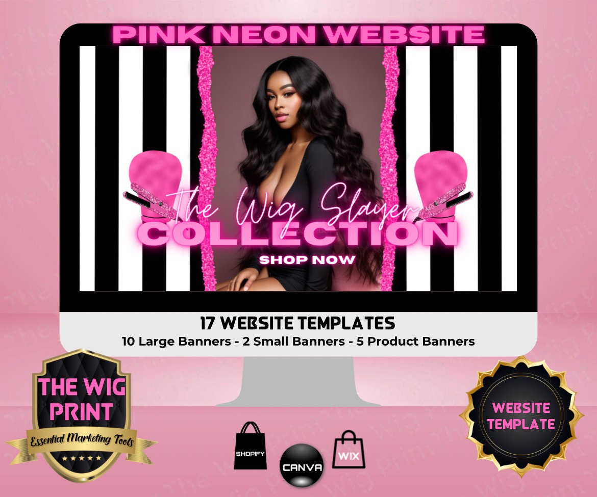 Pink Neon Stripes | Website Template | Hair + Wig Industry | Pink | DIY | CANVA | Flyer | Shopify | Wix