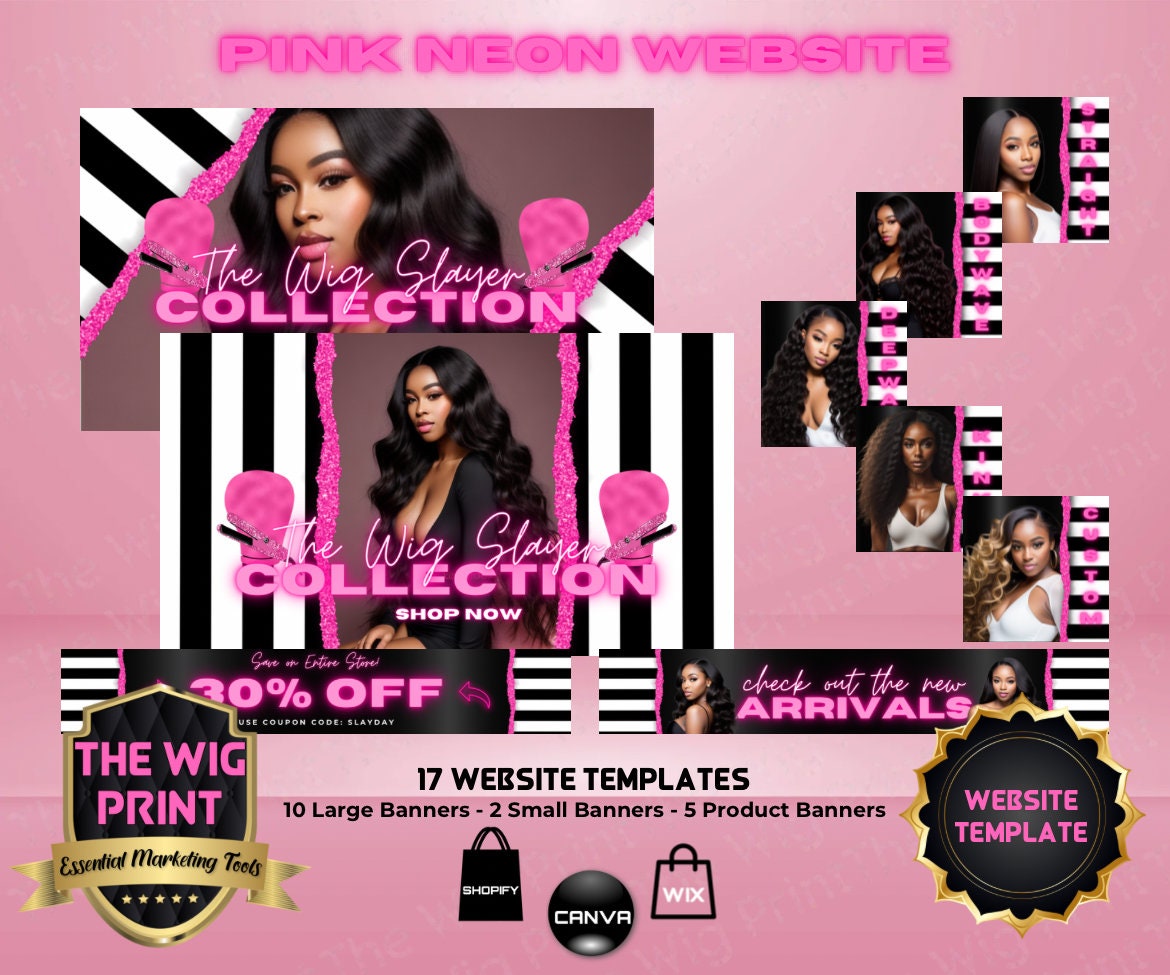 Pink Neon Stripes | Website Template | Hair + Wig Industry | Pink | DIY | CANVA | Flyer | Shopify | Wix