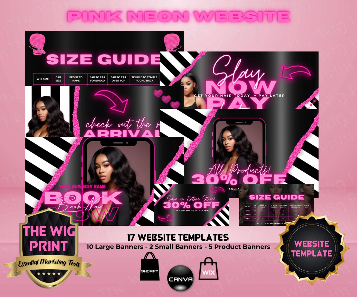 Pink Neon Stripes | Website Template | Hair + Wig Industry | Pink | DIY | CANVA | Flyer | Shopify | Wix