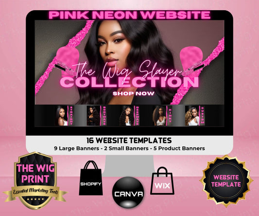 Pink Neon | Website Template | 16 Banners | Hair + Wig Industry | Pink | DIY | CANVA | Flyer | Shopify | Wix