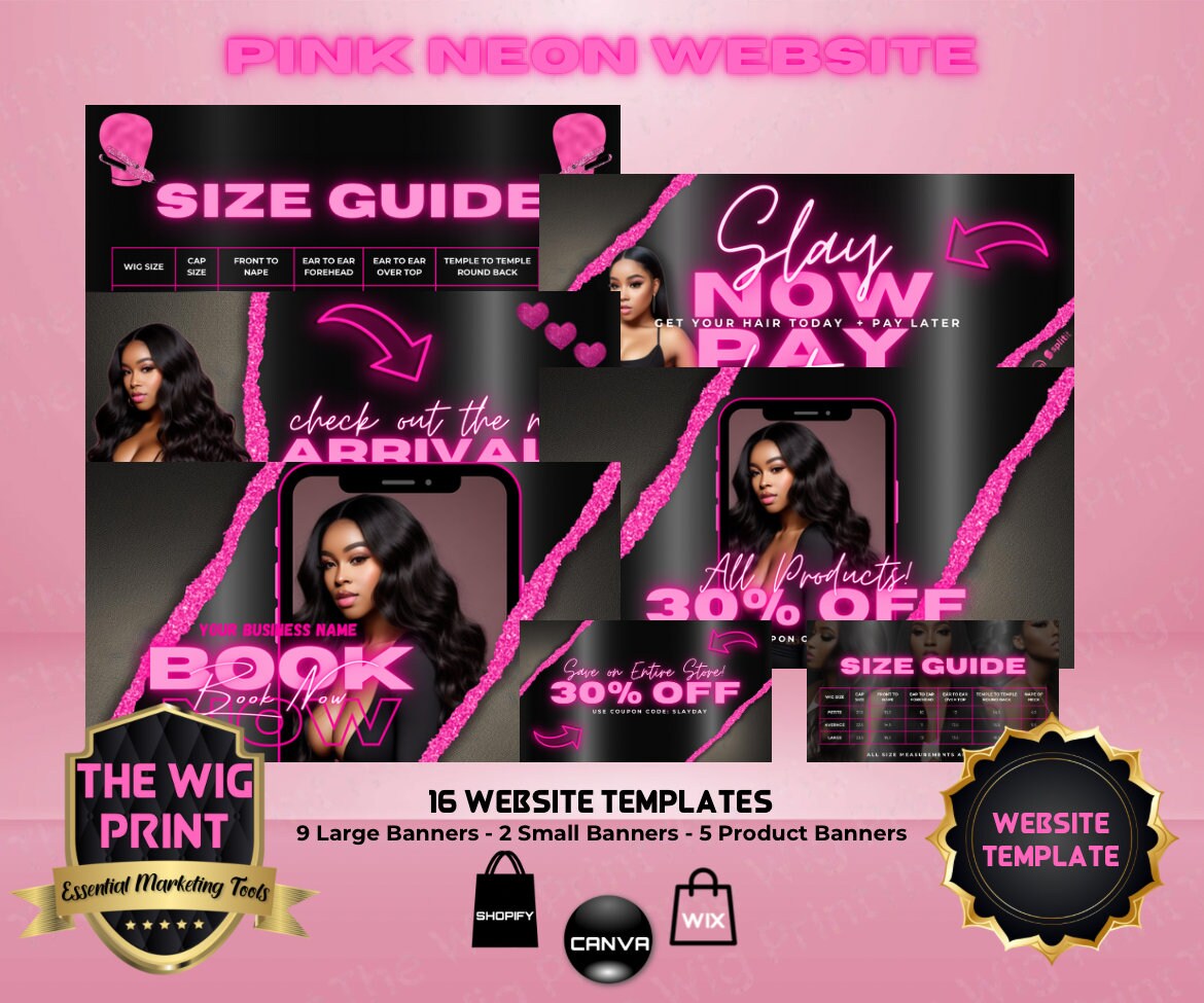 Pink Neon | Website Template | 16 Banners | Hair + Wig Industry | Pink | DIY | CANVA | Flyer | Shopify | Wix