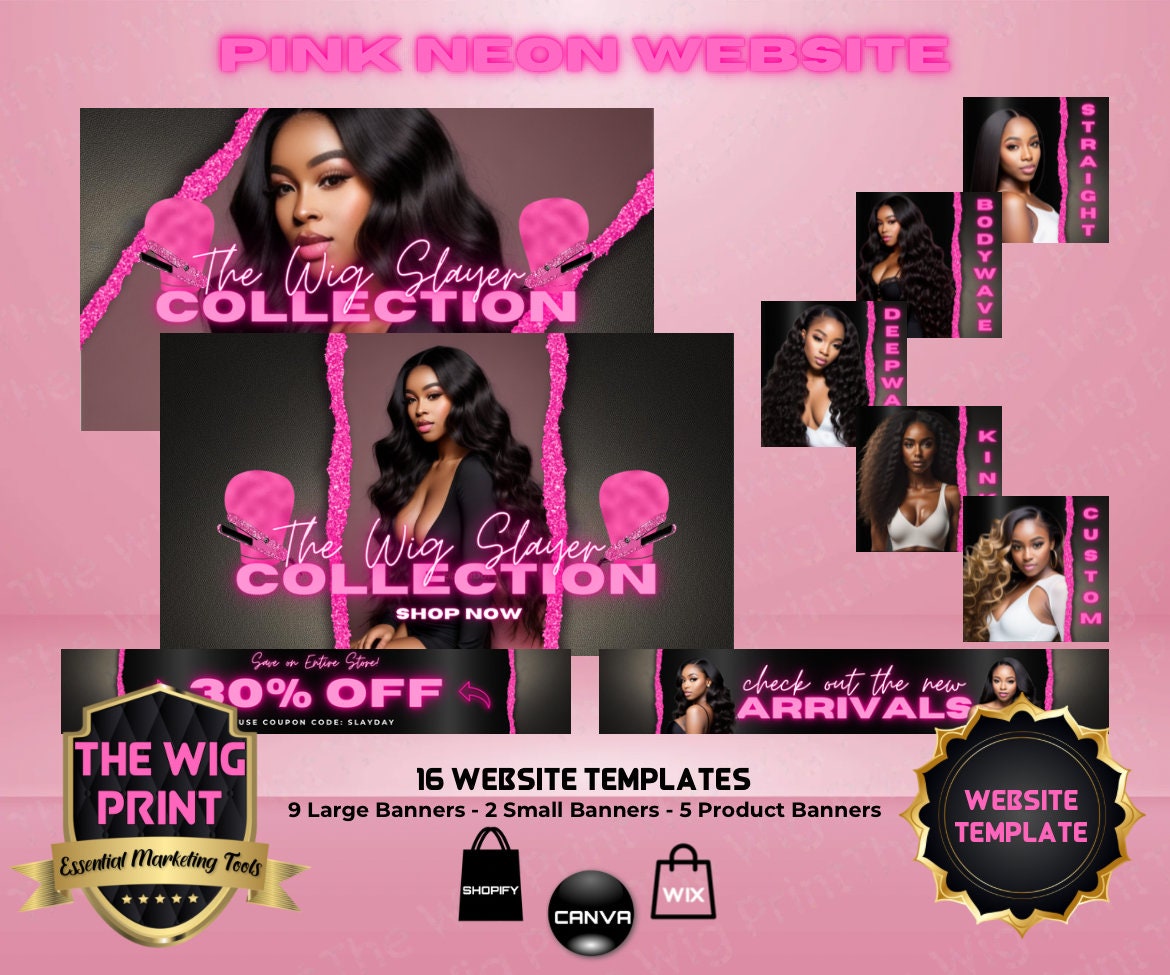 Pink Neon | Website Template | 16 Banners | Hair + Wig Industry | Pink | DIY | CANVA | Flyer | Shopify | Wix