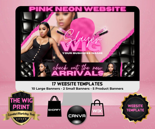 Pink Neon Tufted | Website Template | 17 Banners | Hair + Wig Industry | Pink | DIY | CANVA | Flyer | Shopify | Wix