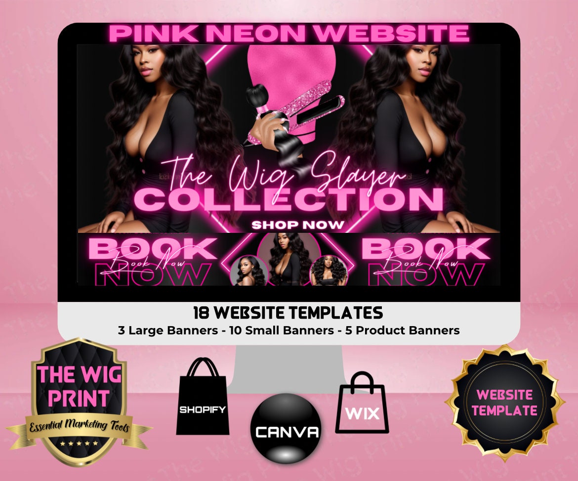 Pink Neon Diamond | Website Template | 18 Banners | Hair + Wig Industry | Pink | DIY | CANVA | Flyer | Shopify | Wix