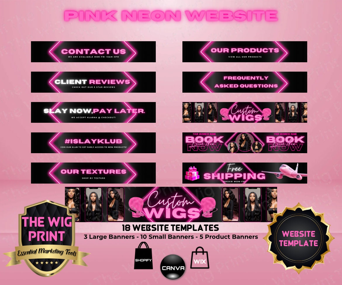 Pink Neon Diamond | Website Template | 18 Banners | Hair + Wig Industry | Pink | DIY | CANVA | Flyer | Shopify | Wix