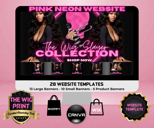 Pink Neon Diamond | Website Template | 28 Banners | Hair + Wig Industry | Pink | DIY | CANVA | Flyer | Shopify | Wix