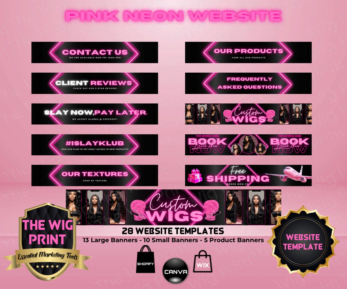 Pink Neon Diamond | Website Template | 28 Banners | Hair + Wig Industry | Pink | DIY | CANVA | Flyer | Shopify | Wix