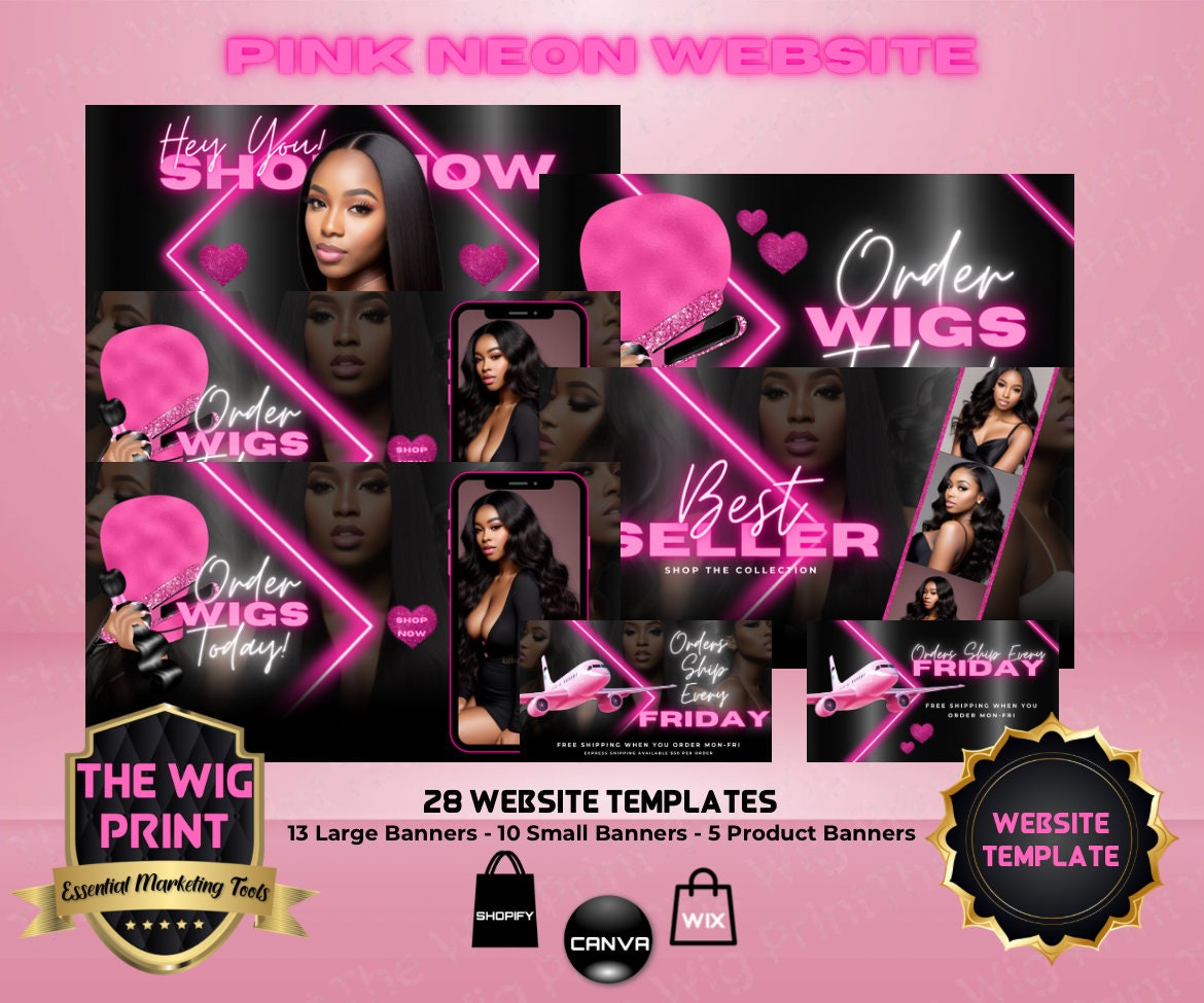 Pink Neon Diamond | Website Template | 28 Banners | Hair + Wig Industry | Pink | DIY | CANVA | Flyer | Shopify | Wix