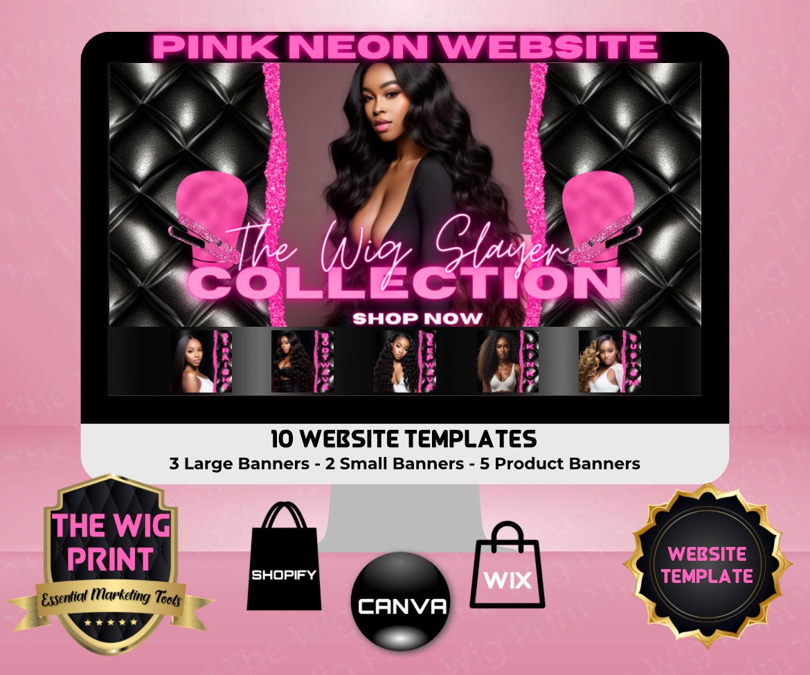 Pink Neon Tufted | Website Template | 10 Banners | Hair + Wig Industry | Pink | DIY | CANVA | Flyer | Shopify | Wix