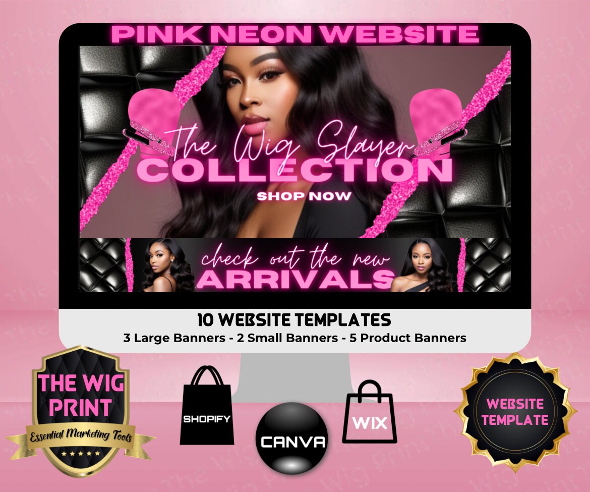 Pink Neon Tufted | Website Template | 10 Banners | Hair + Wig Industry | Pink | DIY | CANVA | Flyer | Shopify | Wix