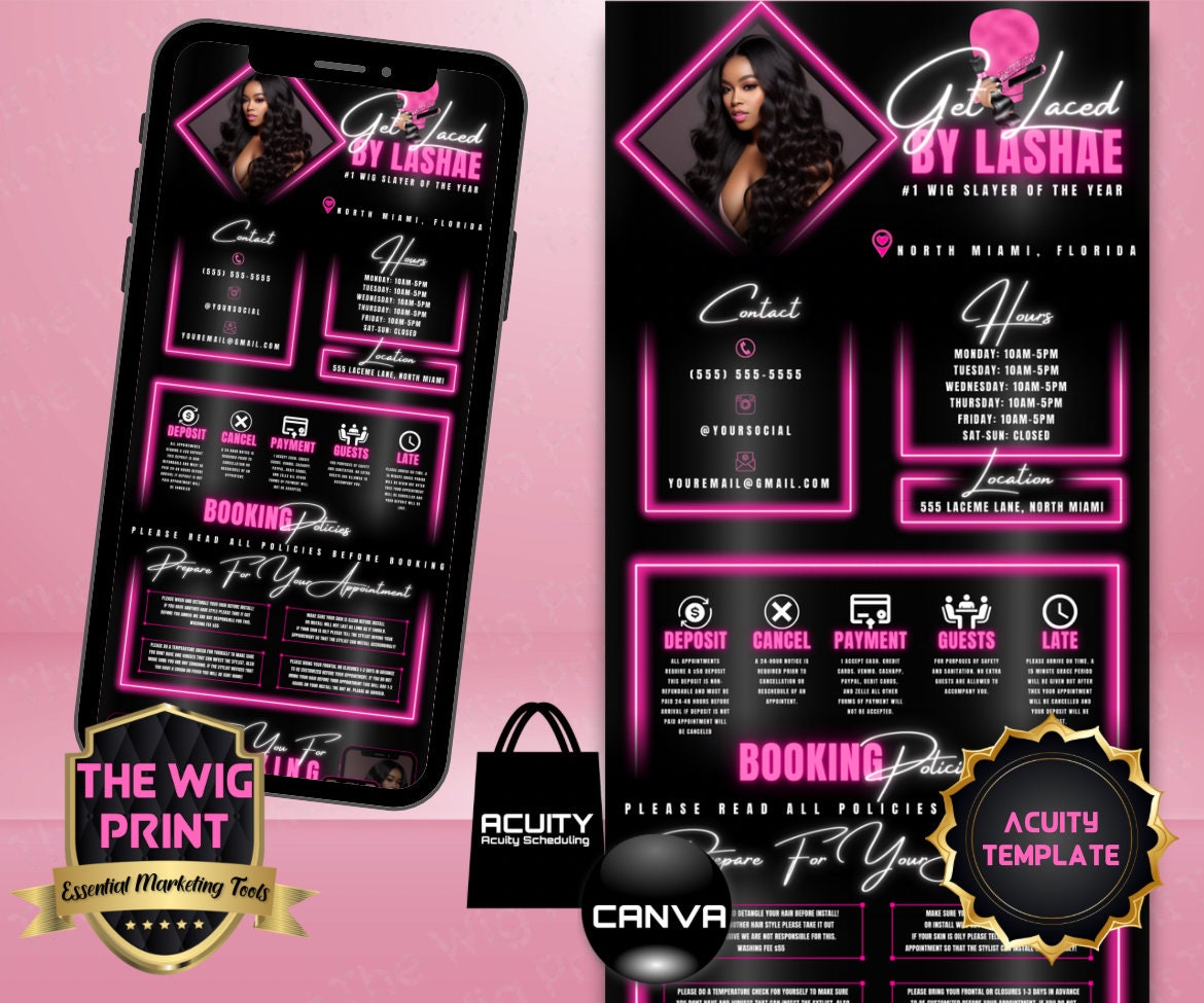 Hair Stylist | Acuity Template | 5 Banners | Wig Maker | Pink Neon Diamond | Hair + Wig Industry | DIY | CANVA | Flyer | Website