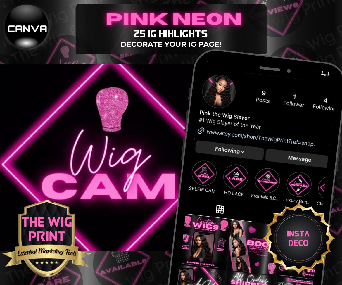 Pink Neon Diamond | IG Highlights | 25 Buttons | Hair + Wig Industry | Pink | DIY | CANVA | Instagram