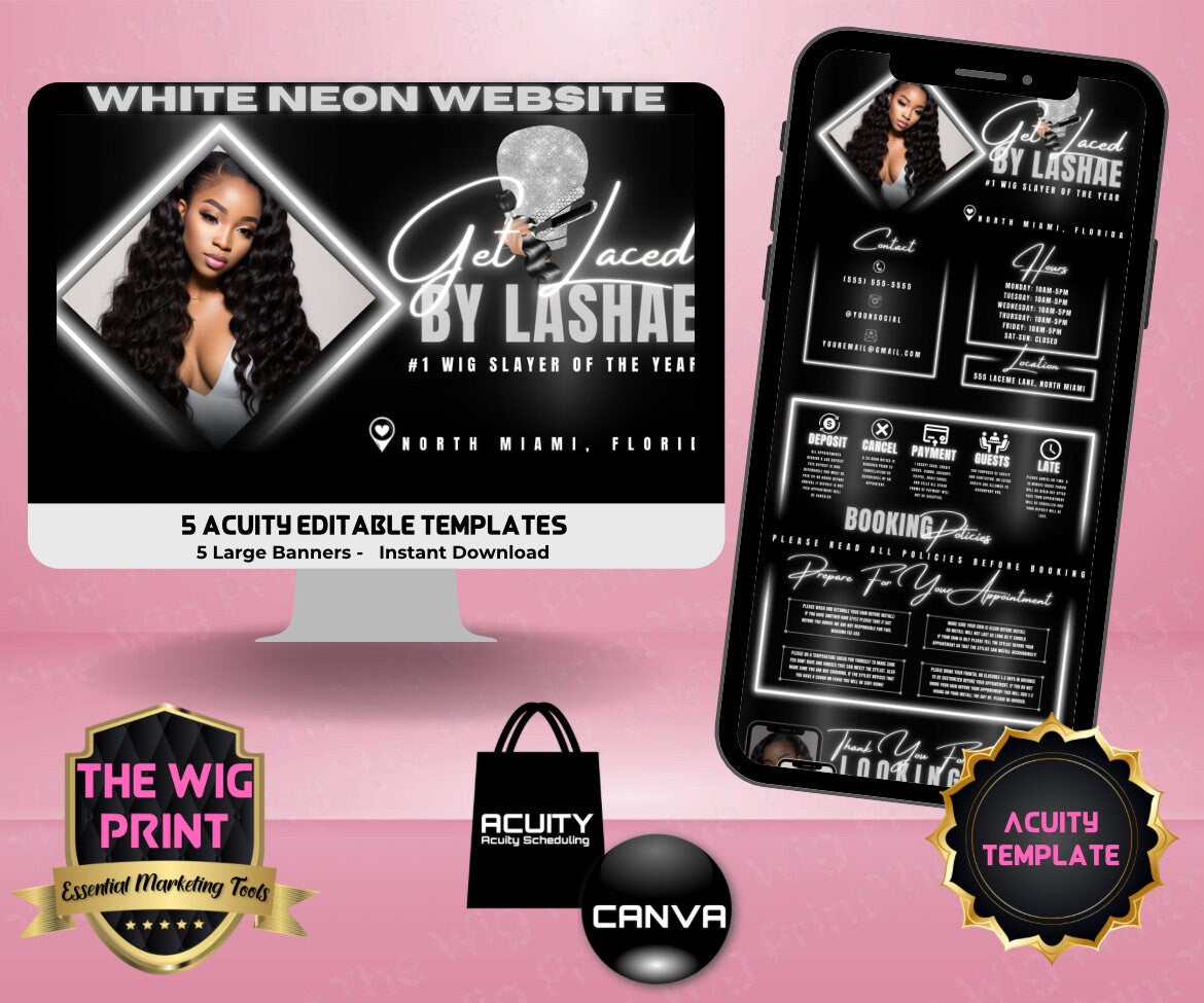 HairStylist | Wig Maker | White Neon Diamond | Acuity Template | 5 Banners | Hair + Wig Industry | Pink | DIY | CANVA | Flyer | Website