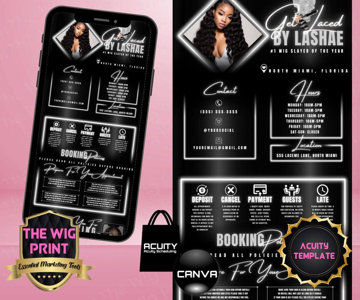 HairStylist | Wig Maker | White Neon Diamond | Acuity Template | 5 Banners | Hair + Wig Industry | Pink | DIY | CANVA | Flyer | Website