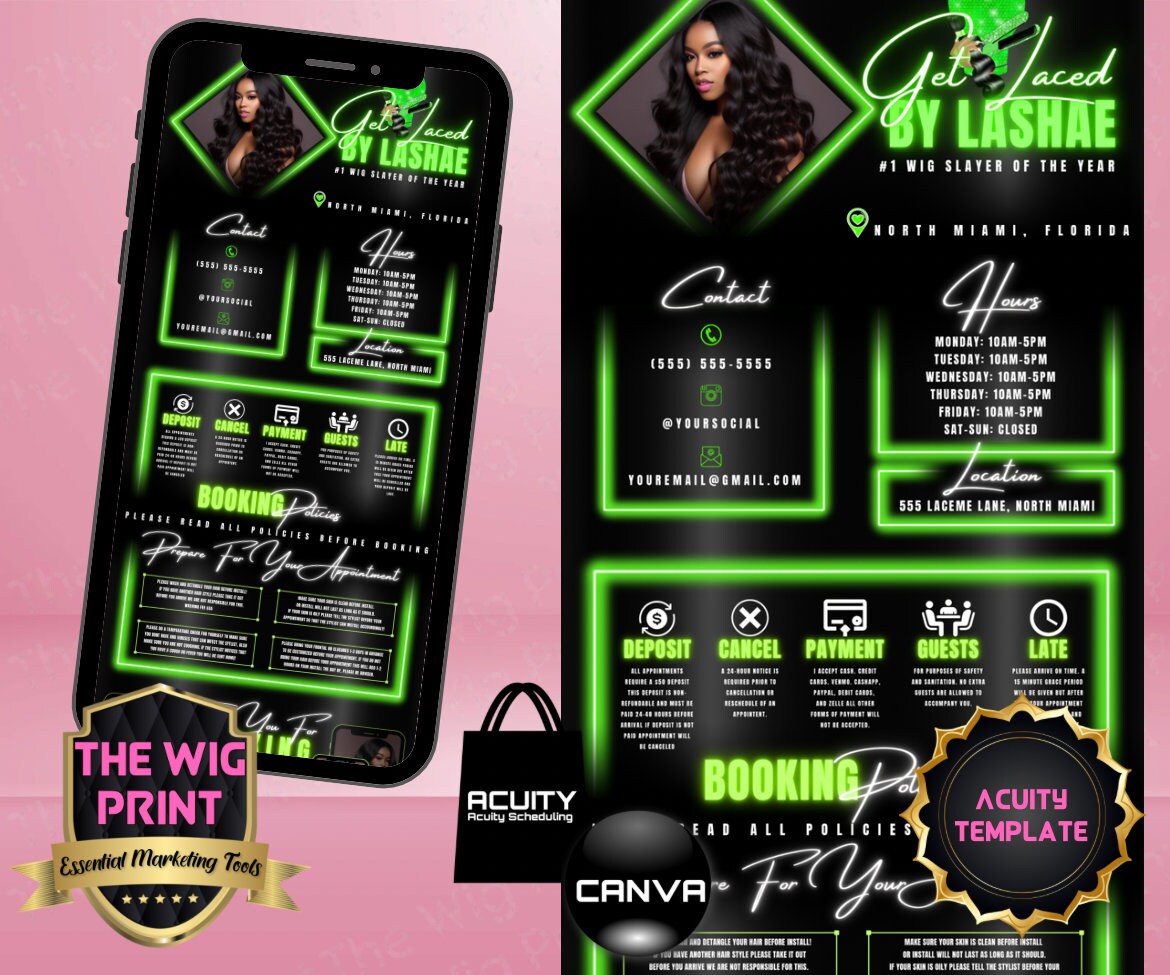 HairStylist | Wig Maker | Green Neon Diamond | Acuity Template | 5 Banners | Hair + Wig Industry | DIY | CANVA | Flyer | Website