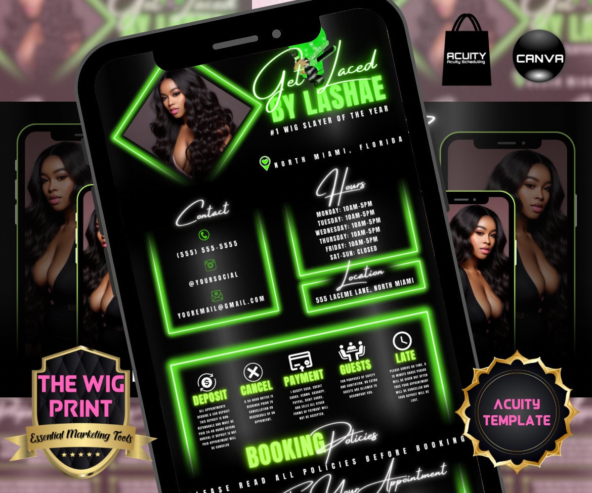 HairStylist | Wig Maker | Green Neon Diamond | Acuity Template | 5 Banners | Hair + Wig Industry | DIY | CANVA | Flyer | Website