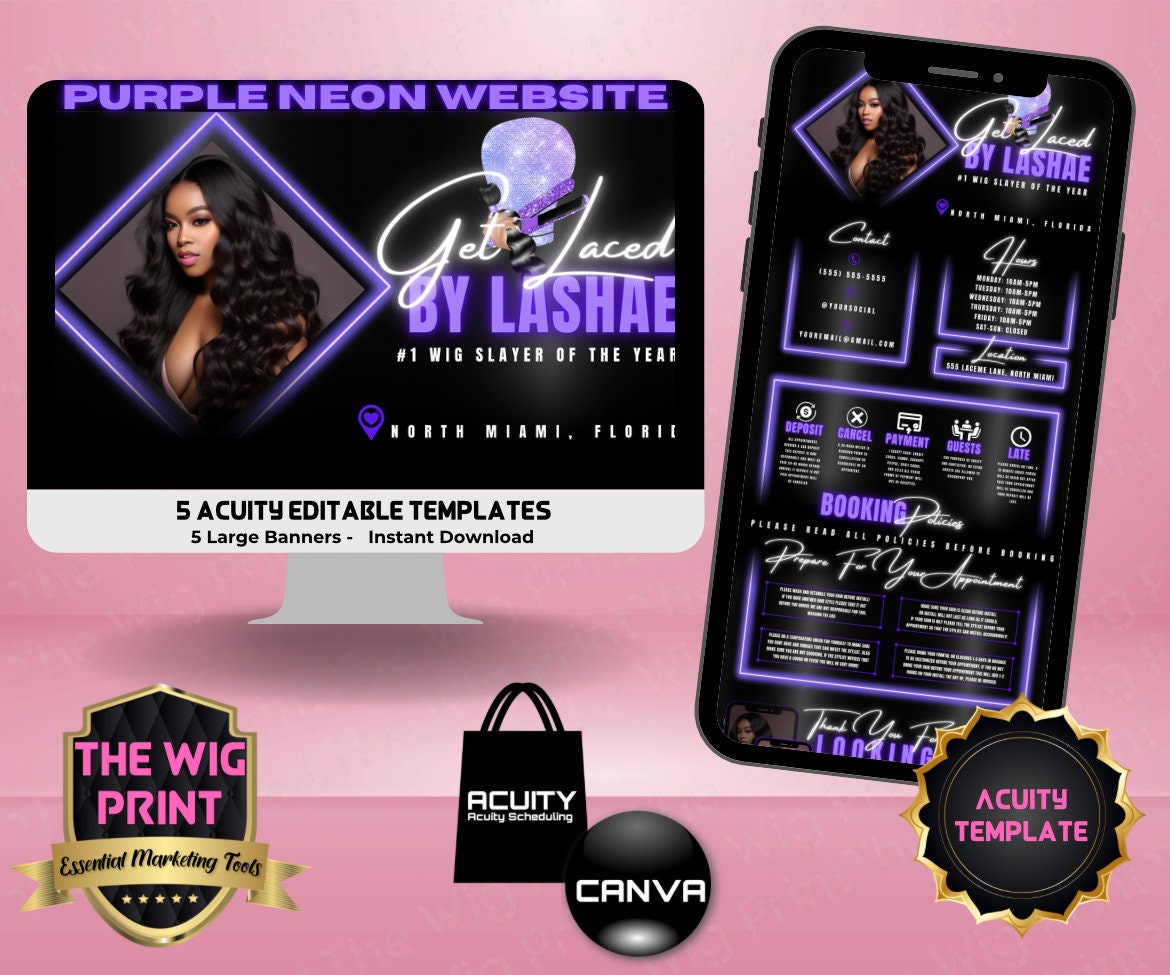 HairStylist | Wig Maker | Purple Neon Diamond | Acuity Template | 5 Banners | Hair + Wig Industry | DIY | CANVA | Flyer | Website