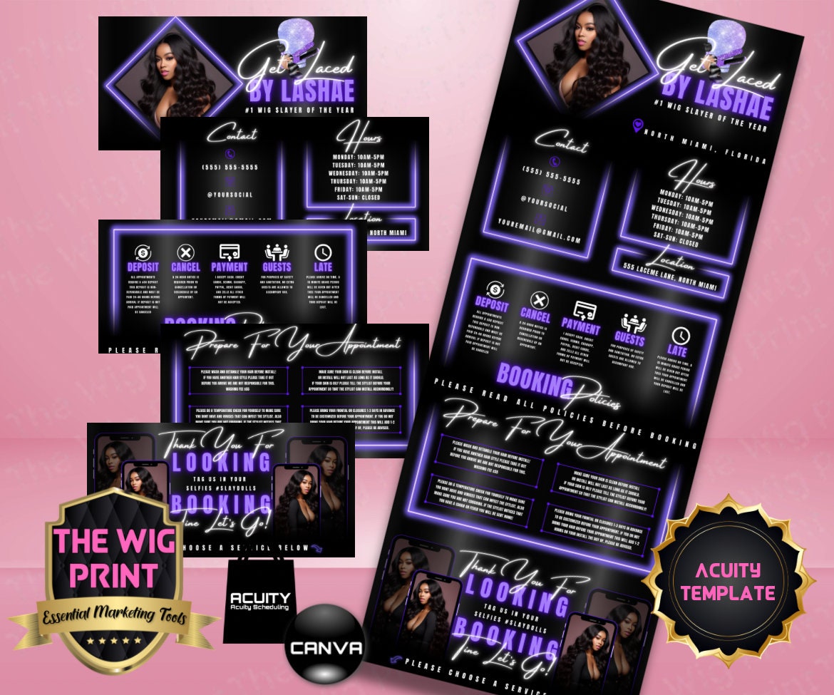 HairStylist | Wig Maker | Purple Neon Diamond | Acuity Template | 5 Banners | Hair + Wig Industry | DIY | CANVA | Flyer | Website