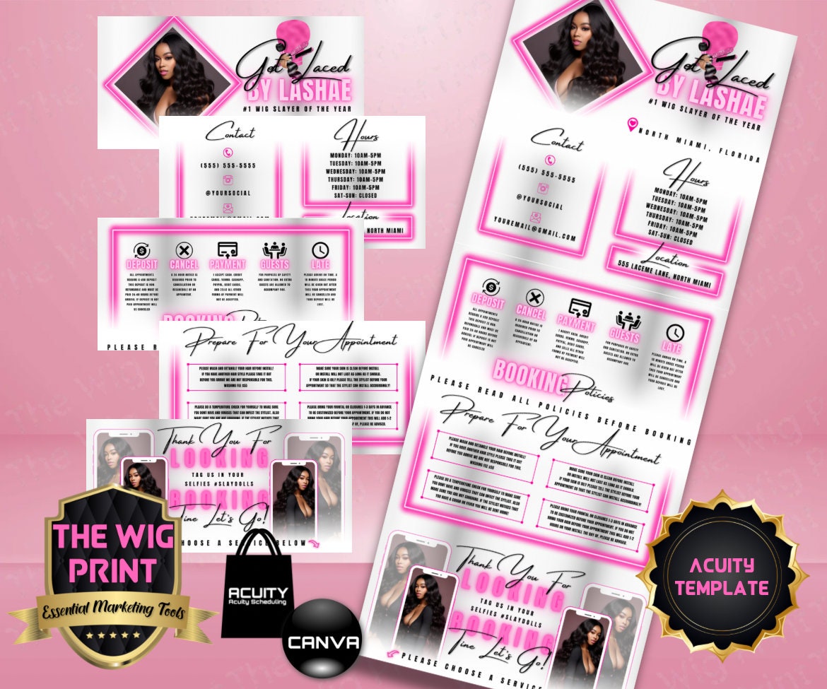 HairStylist | Wig Maker | White + Pink Neon Diamond | Acuity Template | 5 Banners | Hair + Wig Industry | DIY | CANVA | Flyer | Website