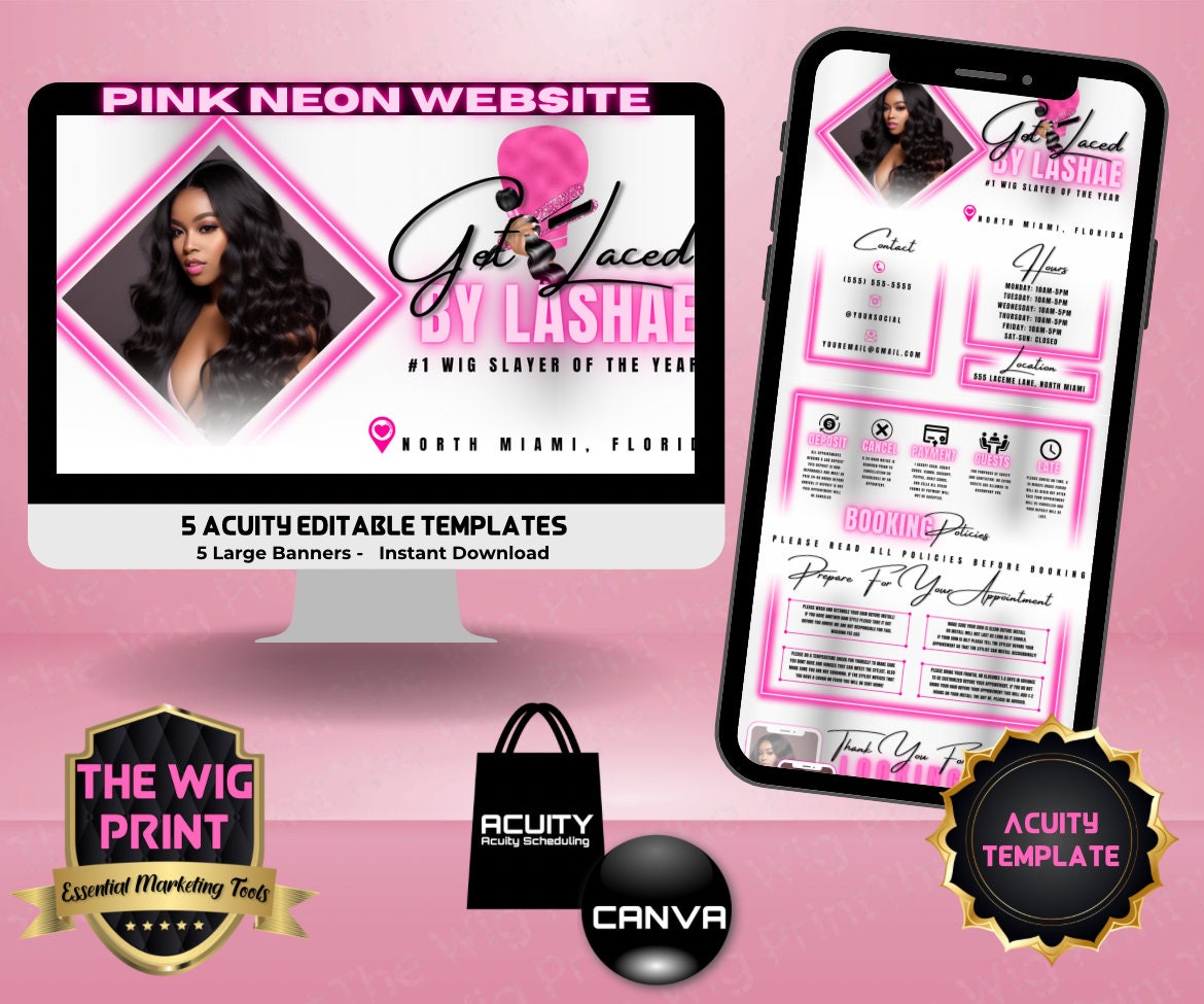 HairStylist | Wig Maker | White + Pink Neon Diamond | Acuity Template | 5 Banners | Hair + Wig Industry | DIY | CANVA | Flyer | Website