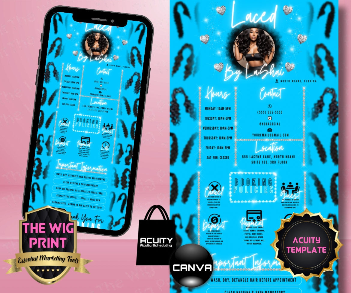 HairStylist | Wig Maker | Blue Hearts | Acuity Template | 5 Banners | Hair + Wig Industry | DIY | CANVA | Flyer | Website