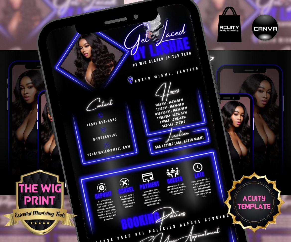 HairStylist | Wig Maker | Dark Blue Diamond | Acuity Template | 5 Banners | Hair + Wig Industry | DIY | CANVA Template | Website Template