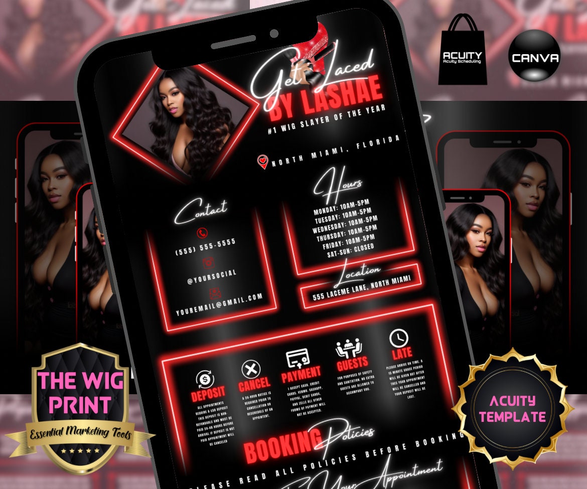 HairStylist | Wig Maker | Red Diamond | Acuity Template | 5 Banners | Hair + Wig Industry | DIY | CANVA | Flyer | Website