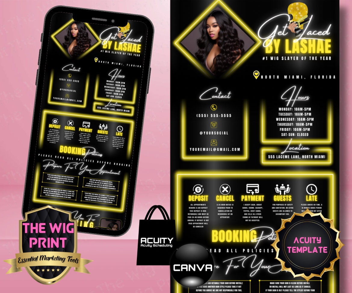 HairStylist | Wig Maker | Yellow Diamond | Acuity Template | 5 Banners | Hair + Wig Industry | DIY | CANVA | Flyer | Website