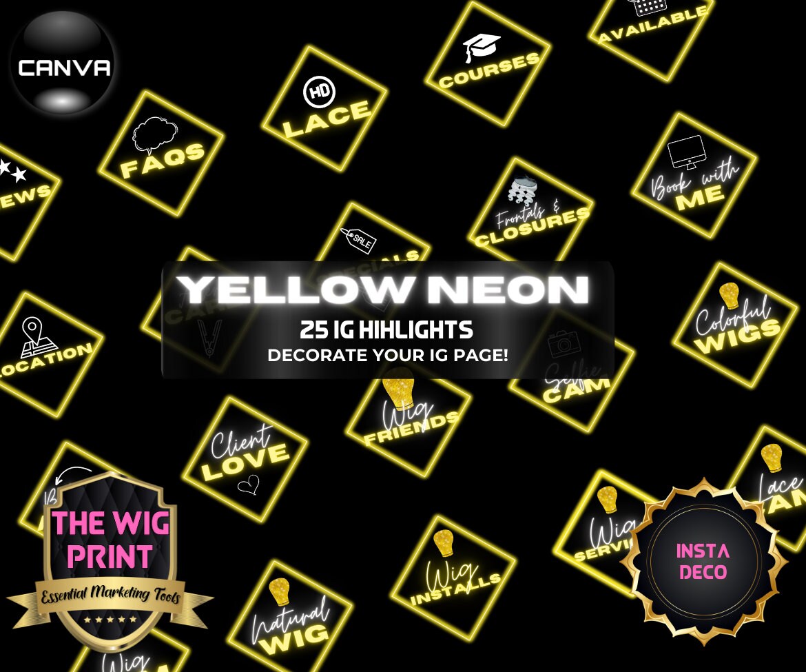 Yellow Neon Diamond | Bundle | Acuity Scheduling | IG Highlights | 25 Buttons | Hair + Wig Industry | DIY | CANVA | Instagram