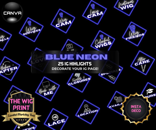 Dark Blue Neon Diamond | IG Highlights | 25 Buttons | Hair + Wig Industry | DIY | CANVA | Instagram