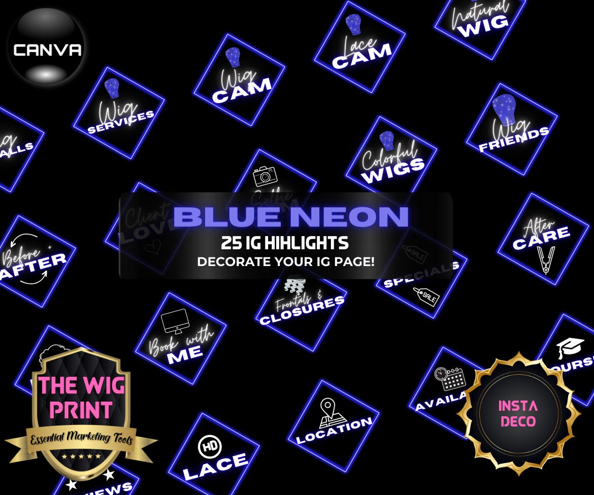 Dark Blue Neon Diamond | Bundle | Acuity Scheduling | IG Highlights | 25 Buttons | Hair + Wig Industry | DIY | CANVA | Instagram