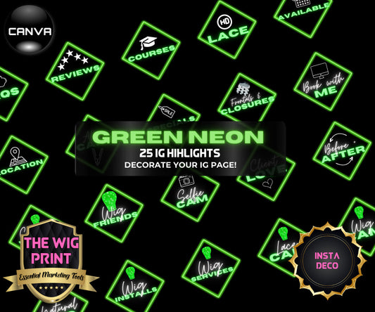 Green Neon Diamond | IG Highlights | 25 Buttons | Hair + Wig Industry | Pink | DIY | CANVA | Instagram