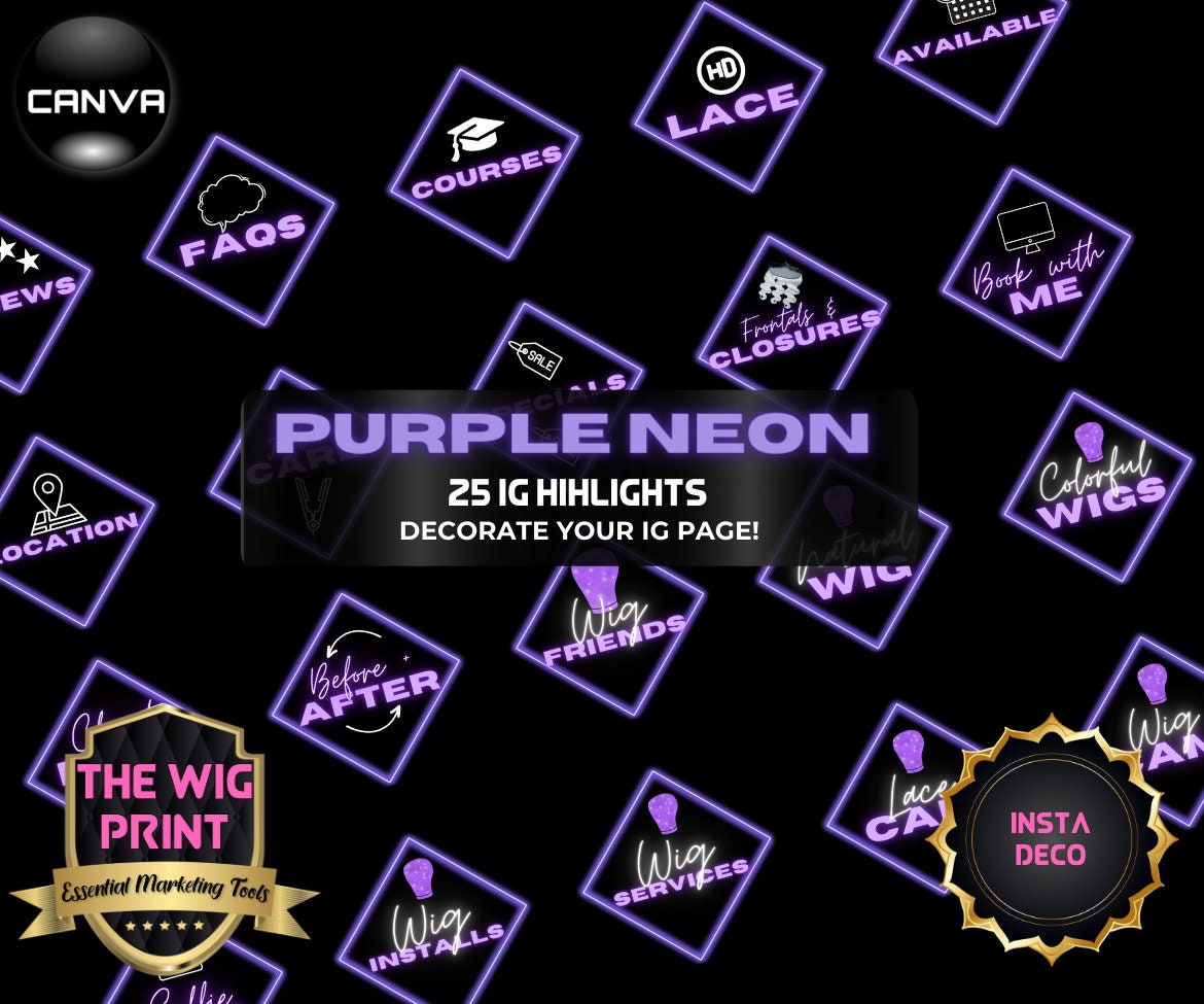 Purple Neon Diamond | IG Highlights | 25 Buttons | Hair + Wig Industry | Pink | DIY | CANVA | Instagram