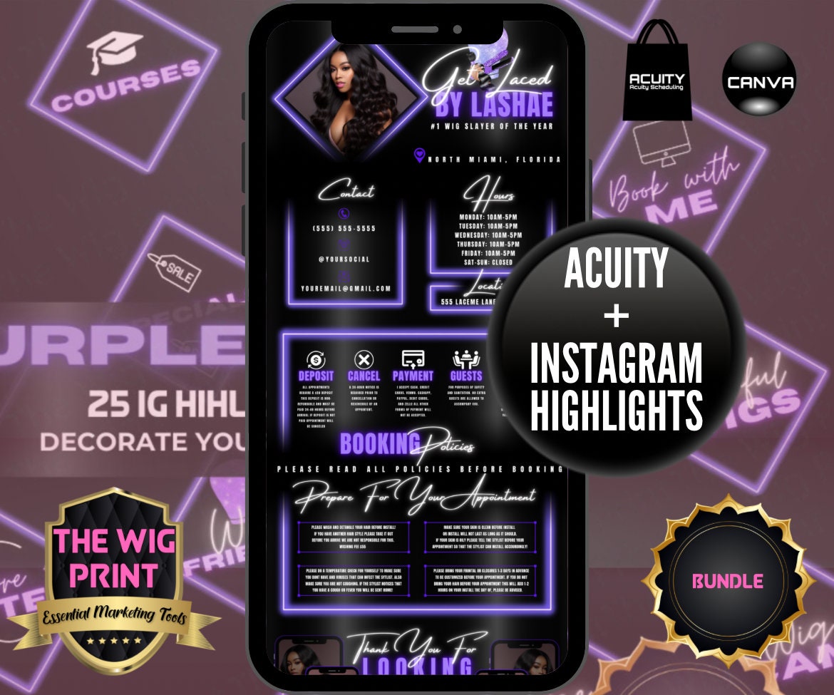 Purple Neon Diamond | Bundle | Acuity Scheduling | IG Highlights | 25 Buttons | Hair + Wig Industry | DIY | CANVA | Instagram