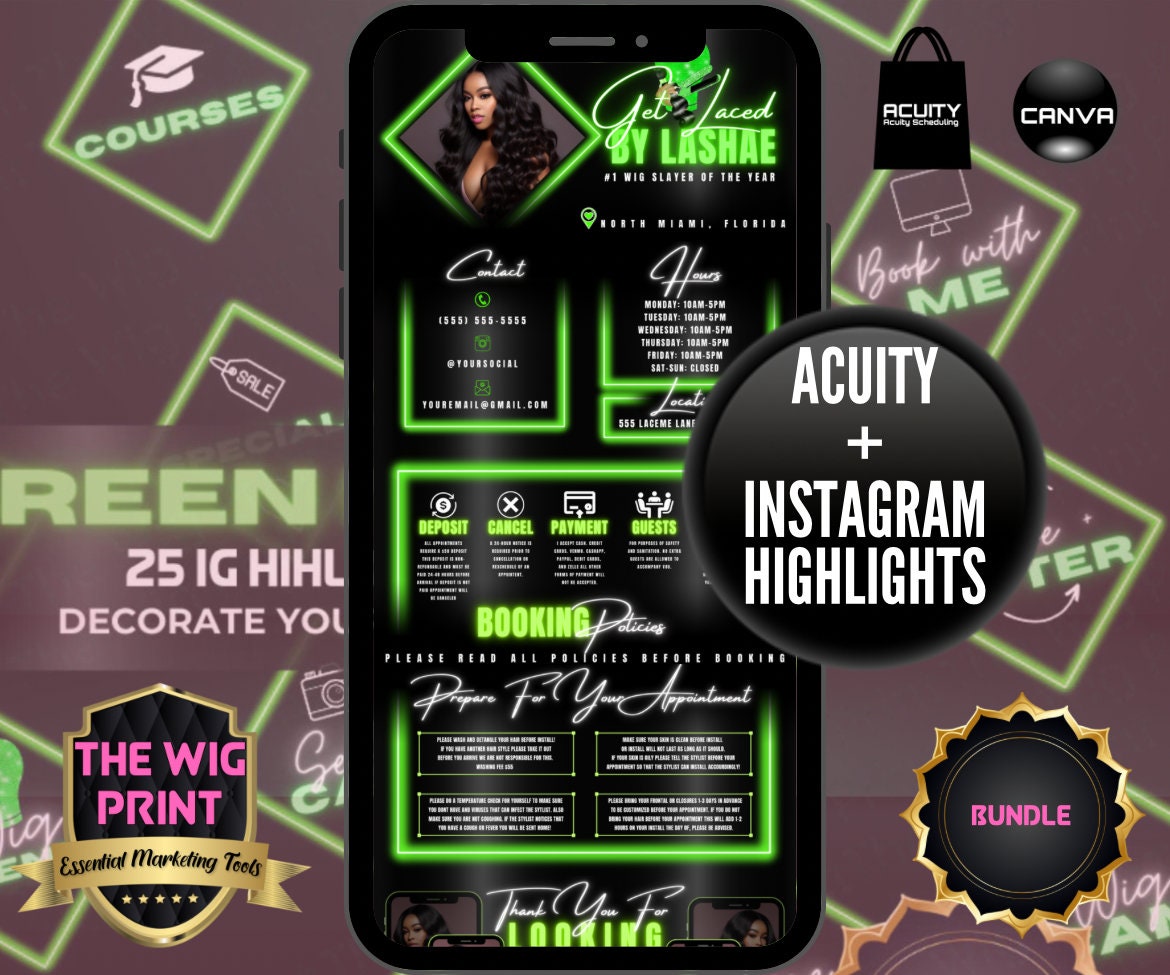 Green Neon Diamond | IG Highlights | 25 Buttons | Hair + Wig Industry | Pink | DIY | CANVA | Instagram