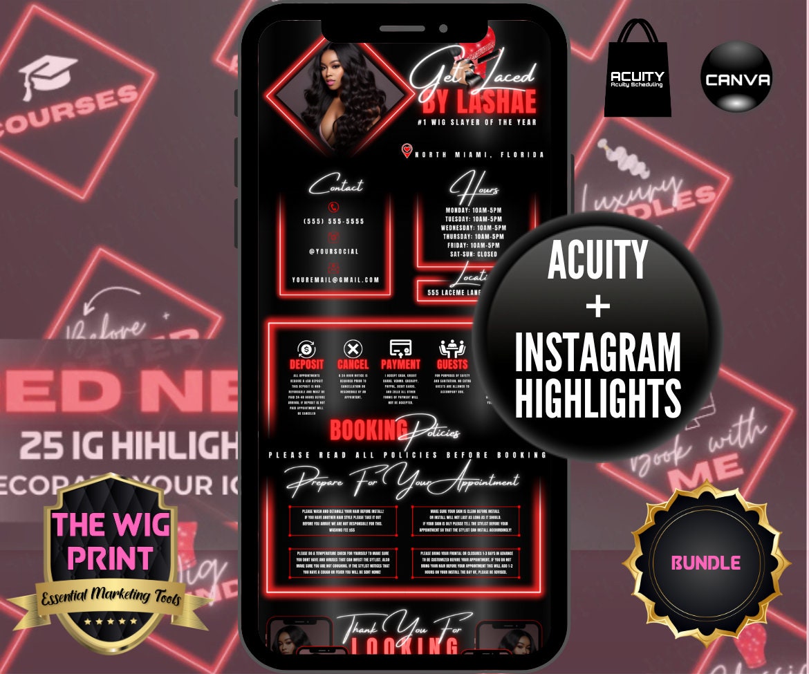 Red Neon Diamond | Bundle | Acuity Scheduling | IG Highlights | 25 Buttons | Hair + Wig Industry | DIY | CANVA | Instagram