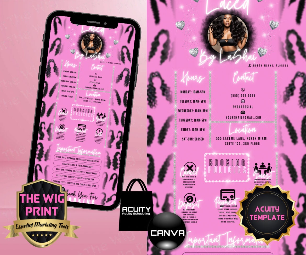 HairStylist | Wig Maker | Pink Pastel Hearts | Acuity Template | 5 Banners | Hair + Wig Industry | DIY | CANVA | Flyer | Website