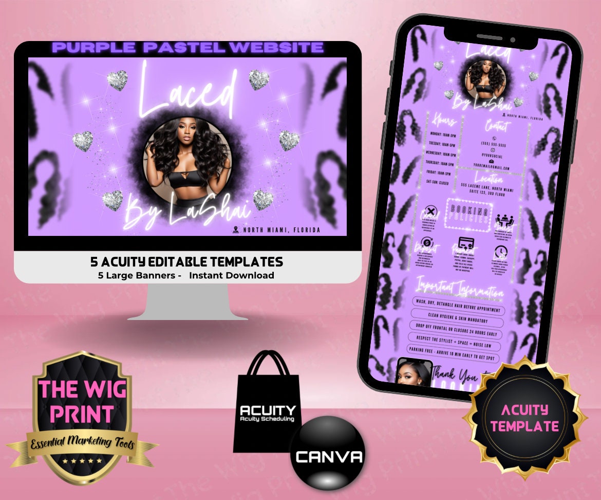 HairStylist | Wig Maker | Purple Pastel Hearts | Acuity Template | 5 Banners | Hair + Wig Industry | DIY | CANVA | Flyer | Website