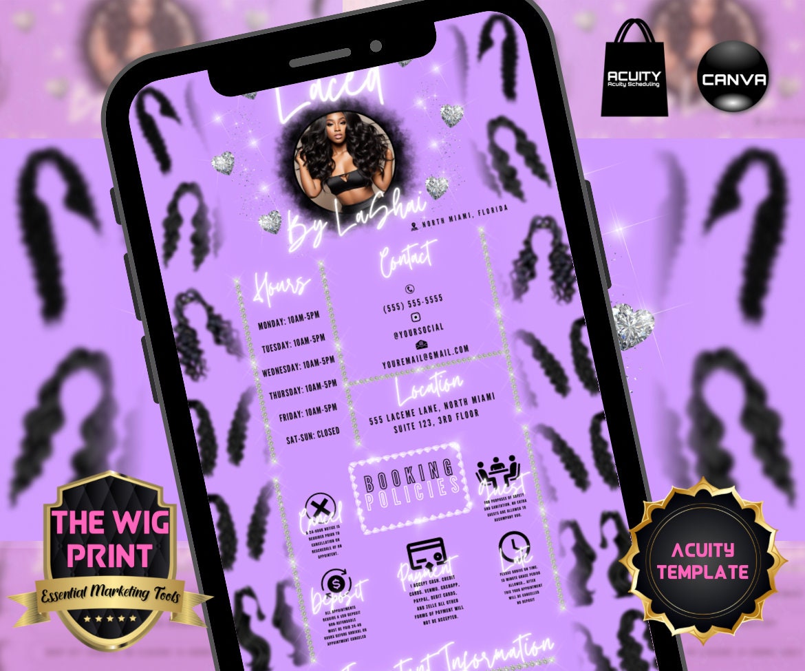 HairStylist | Wig Maker | Purple Pastel Hearts | Acuity Template | 5 Banners | Hair + Wig Industry | DIY | CANVA | Flyer | Website