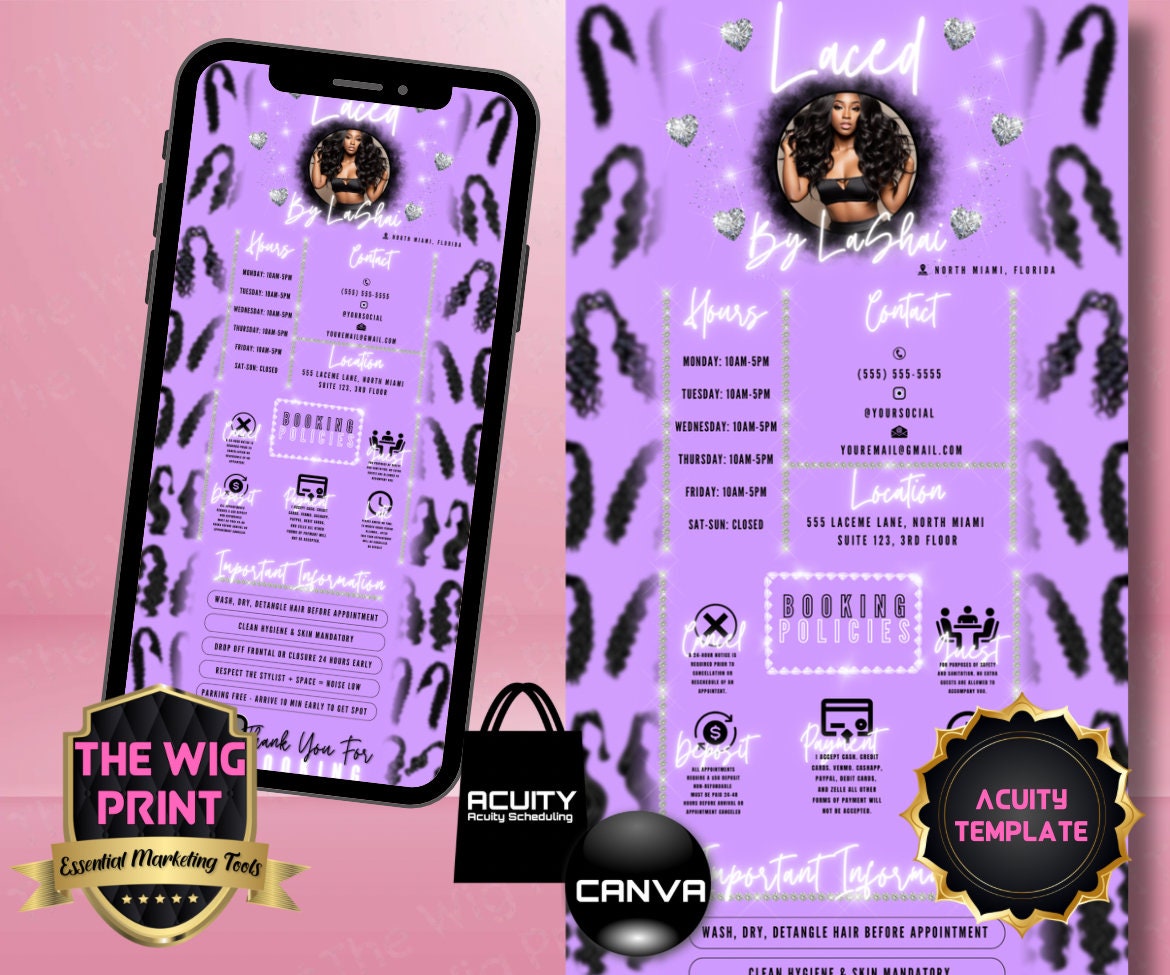 HairStylist | Wig Maker | Purple Pastel Hearts | Acuity Template | 5 Banners | Hair + Wig Industry | DIY | CANVA | Flyer | Website