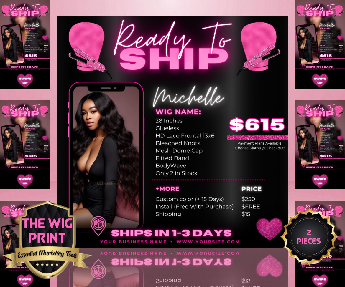 Ready 2 Ship | 2 Flyers | Hair + Wig Industry | Pink | DIY | CANVA | Instagram | Facebook