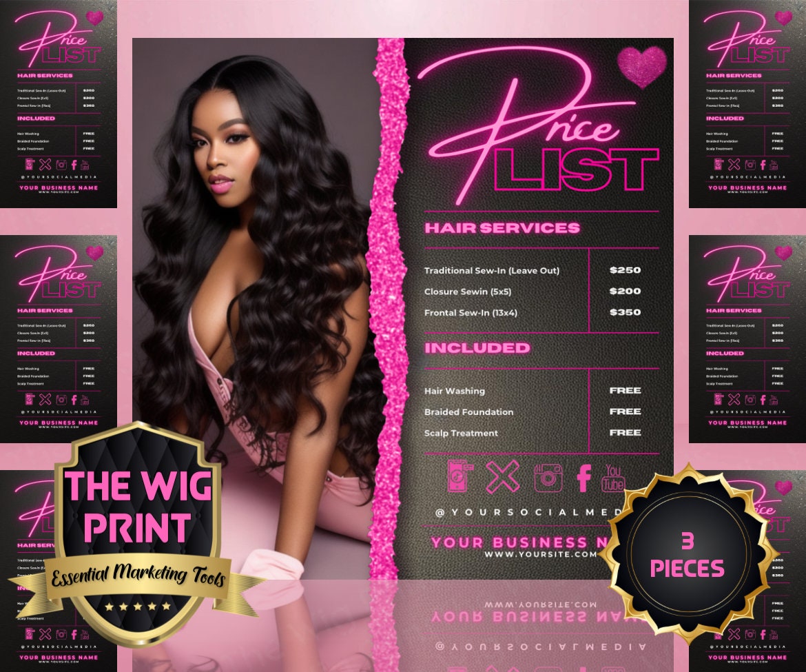 Pricelist | 3 Flyers | Hair + Wig Industry | Pink | DIY | CANVA | Instagram | Facebook