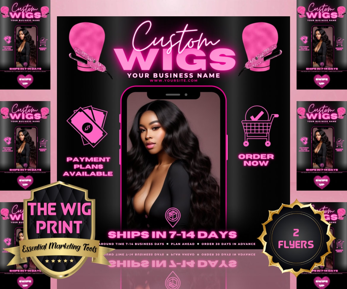 Custom Wigs v1 | 2 Flyers | Hair + Wig Industry | Pink | DIY | CANVA | Instagram | Facebook