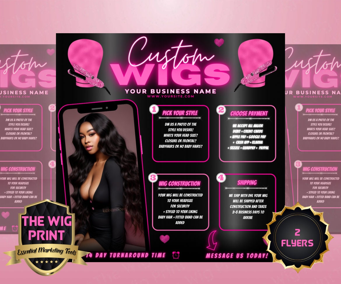 Custom Wigs v2 | 2 Flyers | Hair + Wig Industry | Pink | DIY | CANVA | Instagram | Facebook