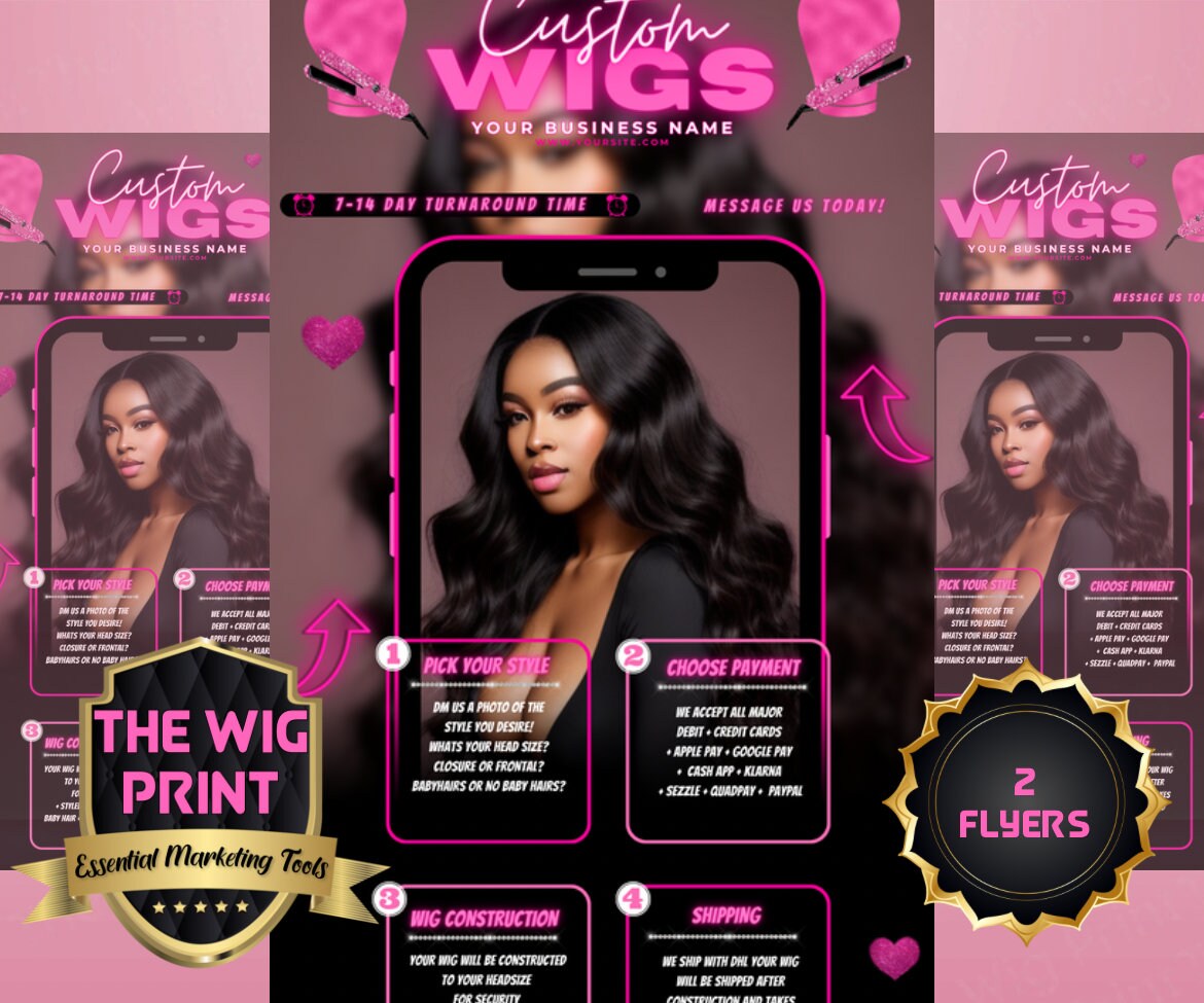 Custom Wigs v2 | 2 Flyers | Hair + Wig Industry | Pink | DIY | CANVA | Instagram | Facebook